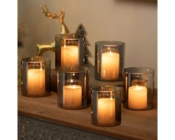 Orkaan Kaarshouder Glas - Set Van 6 Grijs Zwarte Kaarshouders Voor Pilaar Kaarsen - Cilinder Kaarshouder En Kleine Vazen Voor Decor - Drijvende Kaarshouders Voor Woonkamer Tafel En Home Decoratie