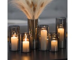 Orkaan Kaarshouder Glas - Set Van 6 Grijs Zwarte Kaarshouders Voor Pilaar Kaarsen - Cilinder Kaarshouder Vazen Voor Decor - Drijvende Kaarshouders Voor Woonkamer Tafels - Home Decoratie