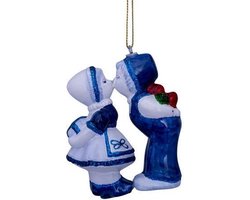 Ornament glass Delft blue kissing boy and girl H10cm w/box
