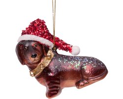 Ornament glass little dachshund w/hat