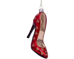Ornament glass red opal high heel w/gold heart print H10cm