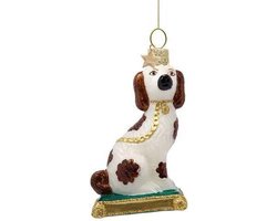 Ornament glass staffordshirel dog w/green cushion H10cm