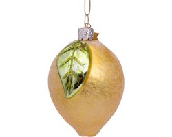 Ornament glass yellow lemon w/leaf H8cm