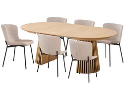 Osaka eethoek 1 eettafel eikenfineer en 6 stoelen beige.