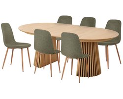 Osaka eethoek 1 eettafel eikenfineer en 6 stoelen donkergroen.