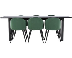 Oslo eethoek eetkamertafel 100x220cm zwart en 6 Skagen stoel velours groen.