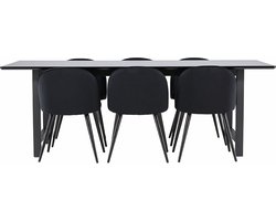 Oslo eethoek eetkamertafel 100x220cm zwart en 6 Skagen stoel velours zwart.