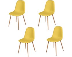 "OSLO" SET VAN 4 STOELEN IN MOSTERDGELE STOF MET METALEN POTEN MET HOUTEFFECT