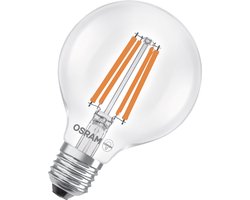 OSRAM LED-Lampe in klassischer Globeform, mit dekorativem LED-Filament, Energieeffizienzklasse A, E27, 5 W, 1055 lm, 4000 K, kaltweiß. Ohne Aufwärmen, sofort 100 % Licht. Geringes Flackern.