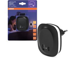 OSRAM LUNETTA EDGE Steckdosen-Nachtlicht, schwarz, 0,35W, 10lm, warmweißes Licht, Tageslichtsensor, USB-A & USB-C Anschluss, LED-Technologie, Ladefunktionalität, lange Lebensdauer, IP20, 3000K