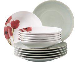 Ossia Aguarela vintage look bordenset voor 6 personen - platte borden en soepborden - turquoise en klaprozen decoratie bordenset 6 person