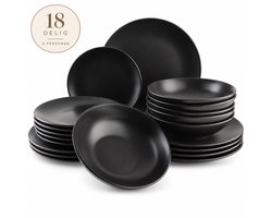 OTIX Aardewerk Serviesset 6 persoons - 18-delige Bordenset - Servies voor 6 Personen - met Dinerbord, Dessertbord en Diep bord of Ontbijtkom - Ontbijtborden Set - Ontbijtset - Serviessets - Mat Zwart IVY