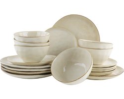 OTIX Aardewerk Serviesset 6 persoons - 18-delige Bordenset - Servies voor 6 Personen - met Dinerbord, Dessertbord en Soepkom of Ontbijtkom - Ontbijtborden Set - Ontbijtset - Serviessets - Beige MAPLE