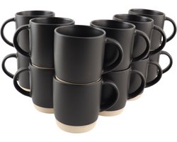 OTIX Koffiekopjes - Theemokken - Koffietassen - Set van 12 - Zwart - 310 ml - Aardewerk - ONYX