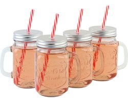 OTIX Mason jar - Drinkbeker - met Rietje - Set van 4 - Zilvere dop - 450 ml