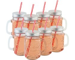 OTIX Mason jar Drinkbeker - met Rietje - Set van 8 - Zilvere dop - 450 ml