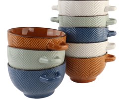 OTIX Soepkommen met Oor - Set van 8 - Soepbeker - Verschillende kleuren - Aardewerk - 600 ml - HEATHER