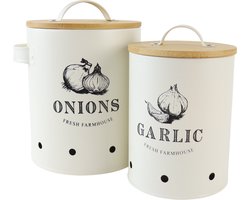 OTIX Voorraadpotten - met Deksel - Beige - Set van 2 - Knoflookpot - Uienpot - Metaal - Bamboo - LIBRA