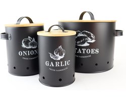 OTIX Voorraadpotten - met Deksel - Zwart - Set van 3 - Knoflookpot - Uienpot - Aardappelbak - Metaal - Bamboe - ARIES