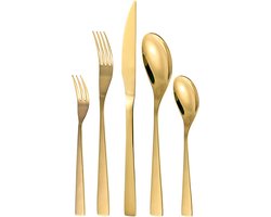 Otto Koning - Berlin – gouden bestekset 6 personen, eetbestek 30-delig verguld en glanzend gepolijst titanium, 4 mm dik, en biefstukmes. Een modern bestek voor 6 personen