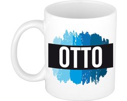 Otto naam cadeau koffie mok - beker - met blauw verfstrepen - Cadeau collega - vaderdag - verjaardag - meester - coach - 300 ml - wit