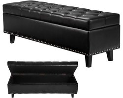 Ottomaanse Bank met Knopen, Gestoffeerde Bank met Pu-Leer En Massief Houten Poten, Moderne Schoenenopbergstoel voor Inkom, Bank Aan Het Einde van Het Bed voor Woonkamer Of Eetkamer, Zwart