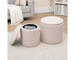 Ottomaanse kruk - set van twee - met opbergruimte - zachte bekleding - hoes met ribfluweellook - crèmewit - 40 x 40 x 41 cm