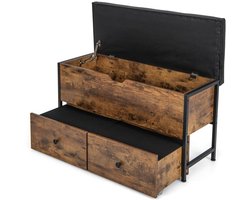 Ottomaanse Opbergbank – Opvouwbare Bank met Gewatteerd Kussen, 2 Houten Lades en Veiligheidsscharnieren, 150 kg, Bruin