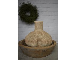 Oude houten schaal Ø 48 cm - Prachtige grote oude lichte geleefde verweerde houten schaal - Authentieke schaal - sober robuust landelijke - houten schaal. (57)