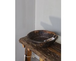 Oude ronde houten schaal landelijke houten schaal rond bruin houten dienblad