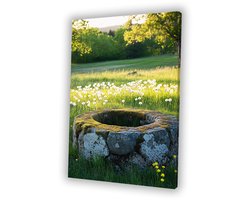 Oude stenen put met bloemen - Put canvas kunst - Wandkunst object - Realisme kunststroming - Woonkamer decoratie industrieel - Decoratie woonkamer - canvas 40x60 cm