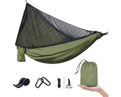 Outdoor - Camping Hangmat - Hangmat met Klamboe van 210T Nylon - Lichtgewicht Reishangmat - Tot 300 kg Belastbaar - Inclusief Ophangbanden en Karabiners - Legergroen