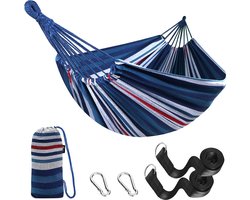 Outdoor katoenen meerpersoonshangmat - 210 x 150 cm - maximale belasting 200 kg - draagbaar met draagtas - voor terras, binnenplaats of gazon, donkerblauw/wit