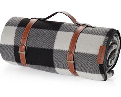 Outdoor Picknickdeken 200 x 200cm Draagbare Extra Grote Picknick Matten Waterdichte Onderkant Stranddeken voor Kamperen Reizen Picknick Strand Campingdeken Zwart Wit Grijs Plaid met Draagtas picnic basket