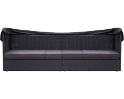 Outdoor-slaapbed, ligstoel met dak, tuinbed, outdoor zonnebed met inschuifbaar luifel, rotan, aparte zit-snijbank voor patio, tuin, achtertuin, tuin, tuin, zwembad, zwart
