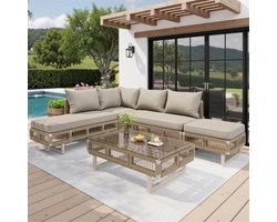 Outdoor zitgroep van gevlochten touw, modulaire tuinmeubelset met verstelbare poten, 10 cm dikke kussens en glazen salontafel, weerbestendig voor terras, balkon, zwembad, beige
