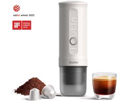 Outin - Draagbare Elektrische Espressomachine | Koffiezet apparaat voor Onderweg | Snelle Waterverwarming | Italiaans Design | Capsules & Gemalen Koffie | 20 bar | Draagbare Koffiemachine | Reis & Camping Koffiezetapparaat | 12 volt