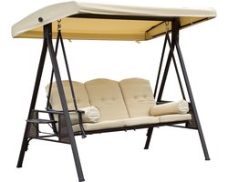 Outsunny 3-zits veranda schommel tuinschommel met zonnedak + kussen metaal + polyester beige + bruin 124,5 x 206 x 180 cm