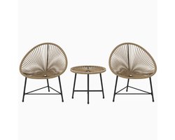 Outsunny beige Tuinset voor 2 Personen – Loungeset met Tafel en 2 Stoelen – Balkon & Tuin Meubels – Gehard Glazen Tafelblad – Natuurlijk