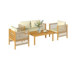 Outsunny Loungeset - Balkonset 4-delig - Acacia Tuinset - Bank met Fauteuils en Tafel - Beige
