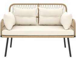 Outsunny Rattan Tweezitsbank-Staal, PE Rattan-115L x 61B x 82H cm-Natuurlijk hout