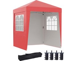 Outsunny Tuinpaviljoen, opvouwbaar, 2 x 2 m, partytent, in hoogte verstelbaar, 3 niveaus, uv-bescherming, 30 + 3 zijwanden met 4 zandzakken en 1 transporttas, Oxford-stof, staal, rood