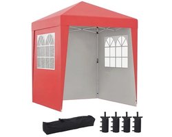 Outsunny Tuinpaviljoen, opvouwbaar, 2 x 2 m, partytent, in hoogte verstelbaar, 3 niveaus, uv-bescherming, 30 + 3 zijwanden met 4 zandzakken en 1 transporttas, Oxford-stof, staal, rood