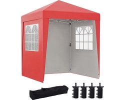 Outsunny Tuinpaviljoen, opvouwbaar, 2 x 2 m, partytent, in hoogte verstelbaar, 3 niveaus, uv-bescherming, 30 + 3 zijwanden met 4 zandzakken en 1 transporttas, Oxford-stof, staal, rood