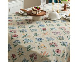OUYLAF Boho tafelkleed, 140x260cm(BxL), Romantisch Frans vintage tafelkleed met hyacintenprint, Extra dik tafelkleed, Decoratief Katoenen antislip tafelkleed, Rechthoek, Tafellaken voor buiten en binnen Afwasbaar, Beige