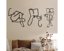 OUYLAF metalen wanddecoratie - metalen muurdecoratie - metalen wanddecoratie zwart - Eenvoudige abstracte vrouwelijke lijntekeningen - 3pcs - zwart - voor Slaapkamer Keuken Badkamer