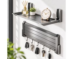 OUYLAF Sleutelrekje Opvouwbaar Aluminium - Sleutelkastje voor Binnen en buiten - 18x39x8 cm (BxLxH) - Sleutelbakje met 5 Haaks - Sleutelopberger voor Muur - Sleutelplank - Grijs