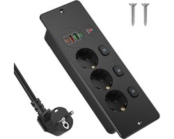 OUYLAF Stekkerdoos - stekkerdoos met usb - stekkerdoos met schakelaar - stekkerdoos zwart - Inbouw Stekkerdoos - inbouw stopcontact - USB-C PD 20W snelladen - 2m - voor Vergadertafel, Werkblad, Banktafel - Zwart