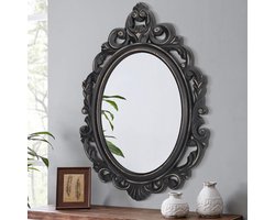 Ovaal Houten Frame Wandspiegel Barokke Stijl met Traditionele Gesneden Motieven in Zwart - Vintage Decoratie voor Slaapkamer, Woonkamer, Keuken en Entryway