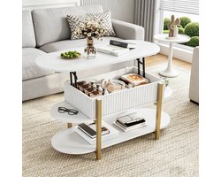 Ovaal Salontafel met Hefmechanisme en Opbergruimte, Moderne Koffietafel met Open Planken, Salontafel Afgerond voor Woonkamer en Kantoor, 106 x 45 x 50 cm, Wit